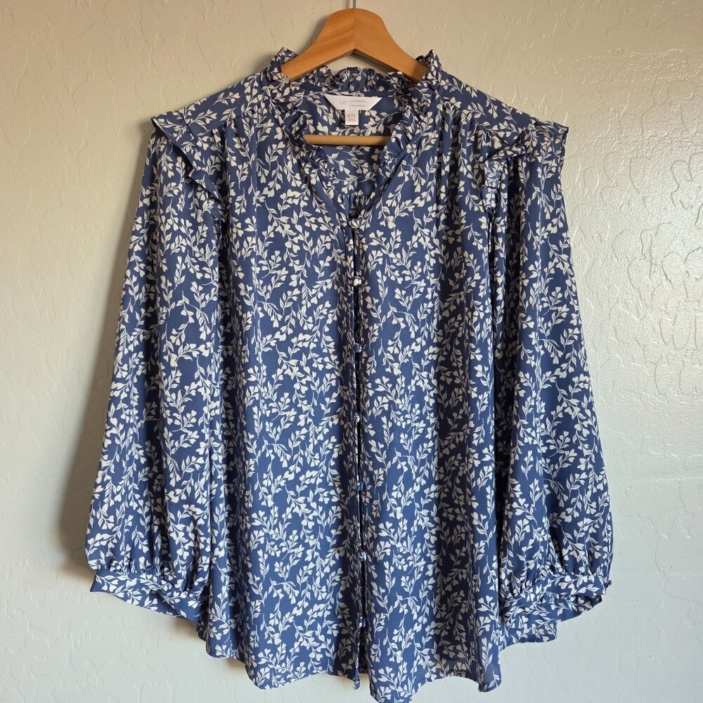 Lauren Conrad Floral Hearts Ruffled Blouse Blue/White Size Women XXL Cottagecore